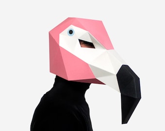 DIY Flamingo Maske, Vogel Maske, 3D Papier Vorlage, Halloween Maske, druckbare Papier Maske, Sofort Pdf Download, Low Poly, Origami Vogel