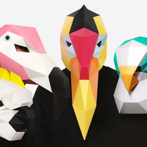 Máscara de pájaro, juego de 4, disfraz de pájaro, cabeza de animal para imprimir por uno mismo, flamenco, periquito, cálao, máscara de cacatúa, máscara de papel para imprimir