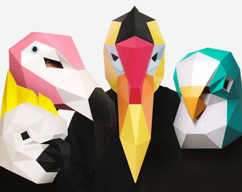 Bird Mask Set of 4,  Bird Costume, DIY printable Animal Head, Flamingo, Budgie, Hornbill, Cockatoo Mask, Printable Paper Mask