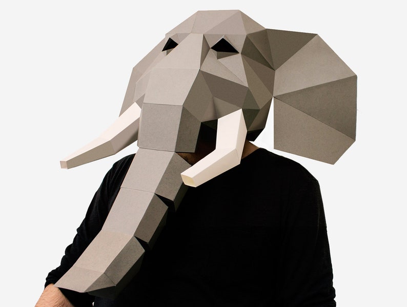 DIY Elephant Mask Template, Elephant Paper Craft Template, DIY Printable Animal Mask, Instant Pdf Download, 3D Low Poly Mask, Origami Mask image 3