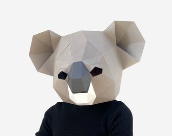 Koala Maske, Bär Papiermodell Vorlage, DIY druckbare Tiermaske, sofortiger Pdf Download, 3D Low Poly Masken, Origami Maske, Geschenkidee