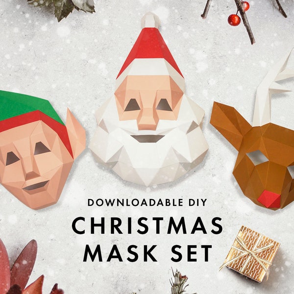 Ensemble de 3 masques de Noël, costumes de Noël, cadeau de Noël DIY, Père Noël, Elfe, Renne, Décoration de fête de Noël, Masque en papier DIY