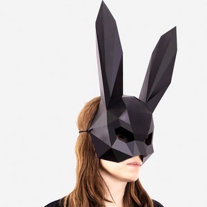 Máscara de conejo a medias, máscara de Halloween, máscara de conejo negro, máscara de animal imprimible de bricolaje, descarga instantánea de PDF, máscaras de baja poli, plantilla de máscara de conejo