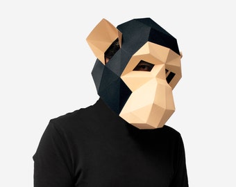 Máscara de mono DIY, plantilla de artesanía de papel Low Poly, máscara de simio imprimible, descarga instantánea de PDF, máscara 3D Low Poly, máscara de origami, máscara de chimpancé