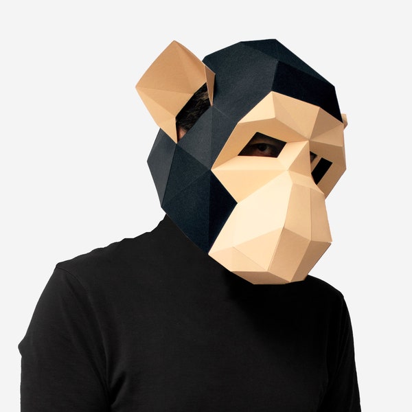 Máscara de mono DIY, plantilla de artesanía de papel Low Poly, máscara de simio imprimible, descarga instantánea de PDF, máscara 3D Low Poly, máscara de origami, máscara de chimpancé