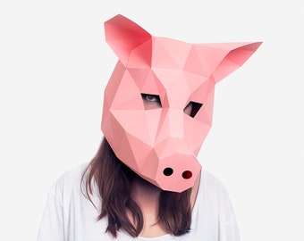 Máscara de cerdo, plantilla de artesanía de papel de cerdo, máscara de animal imprimible DIY, descarga instantánea de PDF, máscara 3D Low Poly, cerdo de origami, idea de regalo de cerdo