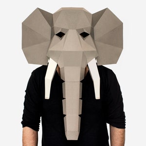 Modello di maschera di elefante fai da te, modello di carta per elefante, maschera di animale fai da te stampabile, download immediato di PDF, maschera 3D low poly, maschera origami