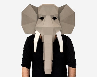 Plantilla de máscara de elefante DIY, plantilla de artesanía de papel de elefante, máscara de animal imprimible DIY, descarga instantánea de PDF, máscara 3D Low Poly, máscara de origami