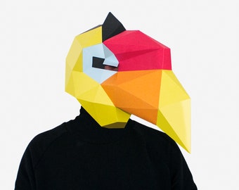 DIY Tropical Bird Mask, Printable Hornbill Mask, 3D Paper Craft Template, Halloween Mask, Instant Pdf Download, Low Poly Paper Mask