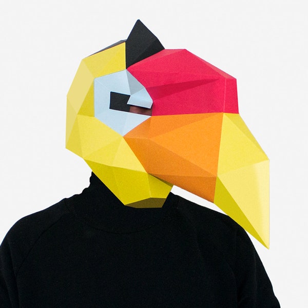 Masque d'oiseau tropical bricolage, masque de calao imprimable, modèle d'artisanat en papier 3D, masque d'Halloween, téléchargement instantané en PDF, masque en papier Low Poly