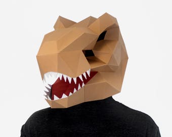 Dinosaur Mask, Halloween Mask, 3D Paper Craft Template, T-Rex Mask, Tyrannosaurus Rex, Printable Paper Mask,  Instant Pdf Download, Low Poly