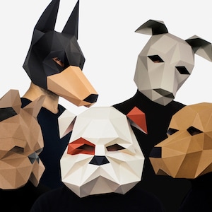 Máscara de fantasia de pacote de cachorro, cabeça de animal para impressão DIY, download instantâneo de PDF, máscara de ano novo DIY, máscaras de polígono 3D, máscara para impressão
