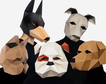 Dog Pack Costume Mask, DIY printable Animal Head, Instant Pdf download, DIY New Year Mask, 3D Polygon Masks, Printable Mask