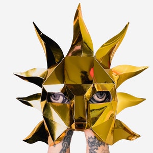 Maschera mezza sole, maschera sole carta tarocchi, modello di carta artigianale low poly, maschera viso sole veneziana stampabile, download PDF immediato