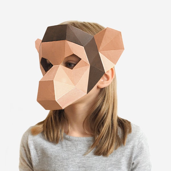 Masque pour enfants, masque de singe, masque de singe, enfant de costume d'Halloween, demi-masque imprimable pour les enfants, téléchargement instantané de pdf, modèle d'artisanat en papier bricolage