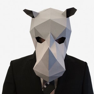 Masque de rhinocéros bricolage, modèle d'artisanat en papier, rhinocéros imprimable, masque, téléchargement instantané de pdf, masque 3D Low Poly, animal en origami, cadeau de rhinocéros image 2