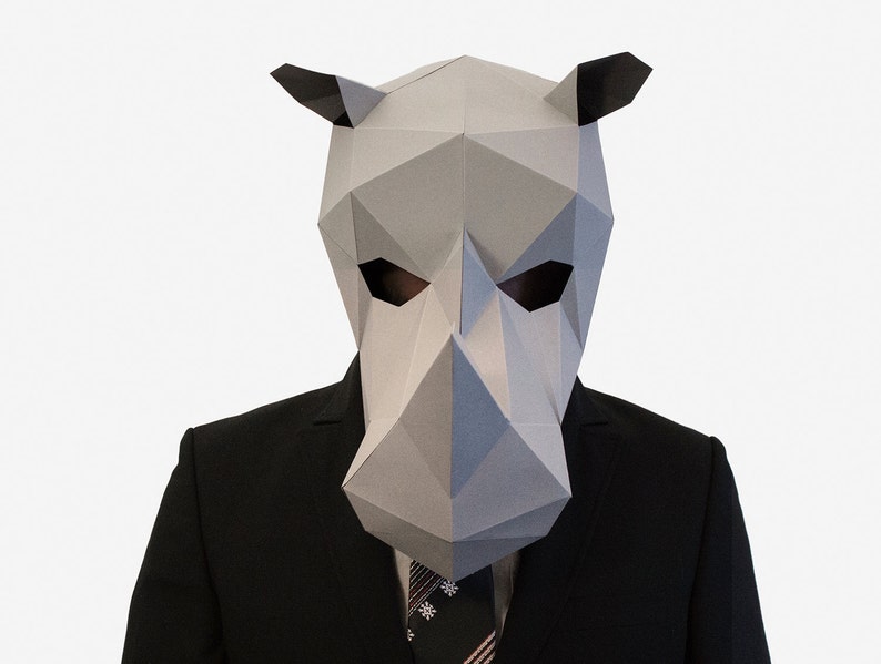 Masque de rhinocéros bricolage, modèle d'artisanat en papier, rhinocéros imprimable, masque, téléchargement instantané de pdf, masque 3D Low Poly, animal en origami, cadeau de rhinocéros image 2