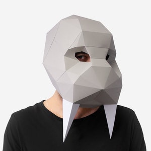 Maschera tricheco fai da te, modello di carta 3D, maschera di Halloween, maschera di carta stampabile, download immediato di PDF, maschera low poly, maschera origami 3D