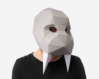 DIY Walrus Mask, 3D Paper Craft Template, Halloween Mask, Printable Paper Mask, Instant Pdf Download, Low Poly Mask, 3D Origami Mask