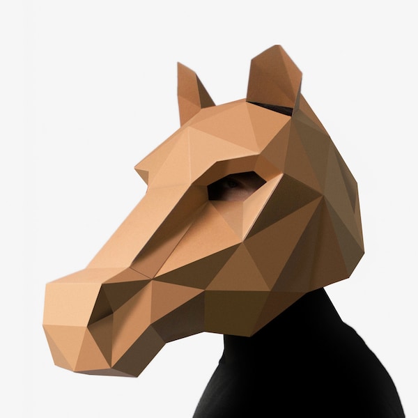 Modèle de masque de cheval bricolage, artisanat en papier Low Poly, masque d'étalon imprimable, téléchargement instantané de Pdf, masque 3D Low Poly, Origami, cadeau d'amoureux des chevaux