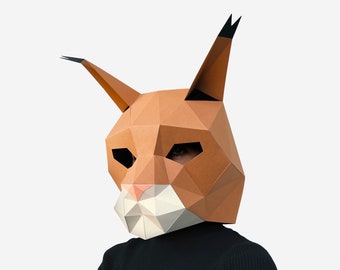 Cool masque de lynx, masque de chat sauvage, modèle 3D de créations artisanales en papier, masque d'halloween, masque imprimable low poly, téléchargement pdf, déguisement pour couple, déguisement de lynx