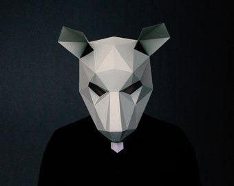 Masque de rat bricolage, modèle 3D d'artisanat en papier, masque d'Halloween, masque en papier imprimable, téléchargement pdf immédiat, masque low poly, rat en origami, déguisement de rat