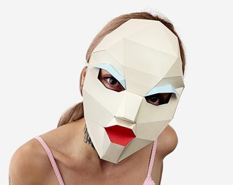 Halbe Puppenmaske, Gesichtsmaske, Maskierung, Papiermodell, Druckbare Gesichtsmaske, Sofortiger Pdf-Download, 3D Low Poly Masking, Origami Puppenmaske