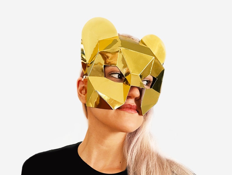 Lioness Half Mask, Low Poly Paper Craft Template, Printable Lion Face Mask, Instant Pdf Download, 3D Low Poly Animal Mask, Origami Mask image 1