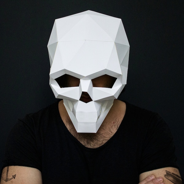 Máscara de calavera diy, plantilla de artesanía de papel de baja poli, máscara de calavera imprimible, descarga instantánea de PDF, máscara 3D de baja poli, origami, máscara de calavera de cabeza completa