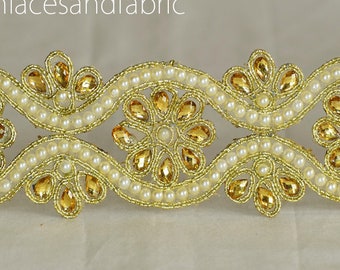 3 Yard Dull Gold Stone Trims Wedding Dupatta Dress Bridal Belt DIY Crafting Trimmings Indian Laces Sewing Tape Embellishments Ribbon