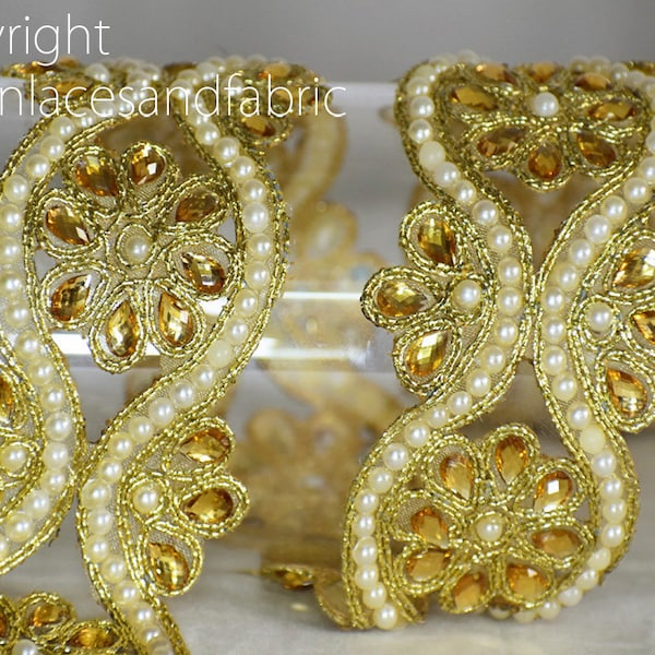 Dentelles indiennes en gros Saree Bordure Ruban Bead Trims Garnitures Dull Gold Kundan Dentelle Bordure Embellissement Garniture par 9 Yard