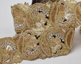 Exclusive Dull Gold Indian Beaded Lace Trim by 2 Yard Handmade Wedding Dress tape Bridal Belt Sashes Decorative Crafting Beads Sari Border