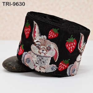 9 Yard Embroidery Ribbon Trim Rabbit with Strawberries Saree Border Crafting Sewing Throw Pillow Home Decor Embellishments Junk Journals 9cm
