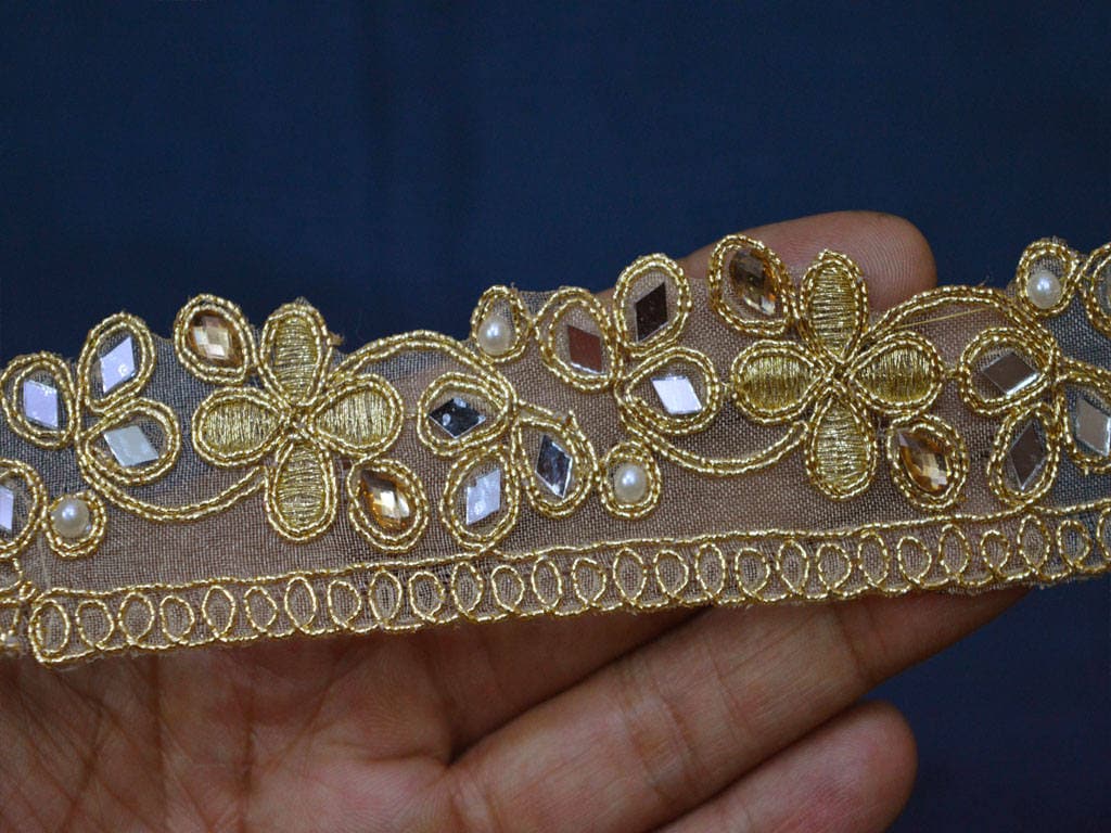 Black Trim by the Yard Indian Saree Border Mirror Trim Gold Lace Trim