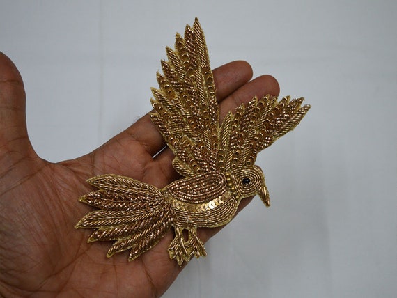 Bird Handmade Patches Sewing Indian Dresses Patches Golden Christmas Appliques Decorative Appliques Crafting Decor Beaded Patches By Pair