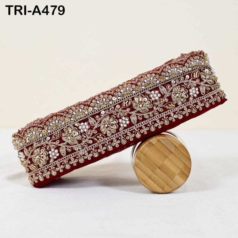 1 Meter Maroon Indian Beaded Trim Ribbon – Gold Zari Embroidery Sari ...