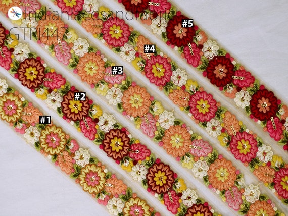 1.5 Inch Indian Saree Lace Border Embroidered Trim , Art Quilt Fabric Trim,  Floral Thread Embroider Decorative Fabric Ribbon Trim Tape