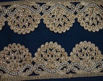 Decorative Trim By the yard Ribbon Costume lace Metallic Beaded Gold Stone saree Lace Crafting Sewing Tape Indian Scallop Edge Sari Border