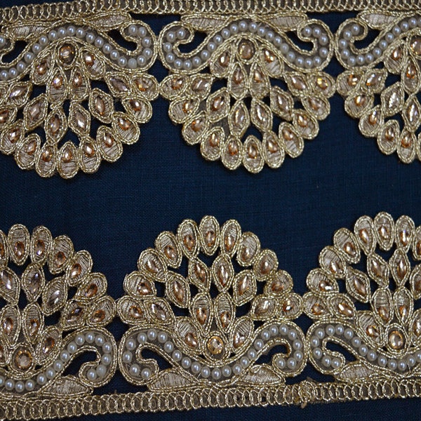 3 yard Decorative Trim Ribbon Costume lace Metallic Beaded Gold Stone saree Lace Crafting Sewing Tape Indian Scallop Edge Sari Border