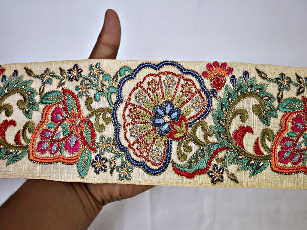 Beige Embroidery Indian Floral Sari Border Crafting Ribbon - Etsy