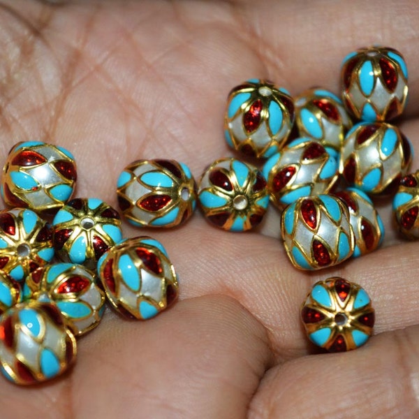 10 Blue Maroon Enameled Brass Beads - Indian Beads with Ethnic Meena work, ethnic jewelry, handmade beads