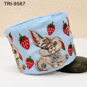 9 Yard Embroidery Ribbon Trim Rabbit with Strawberries Saree Border Crafting Sewing Throw Pillow Home Decor Embellishments Junk Journals 9cm