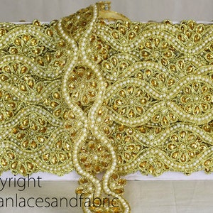 Dentelles indiennes en gros Saree Bordure Ruban Bead Trims Garnitures Dull Gold Kundan Dentelle Bordure Embellissement Garniture par 9 Yard image 3