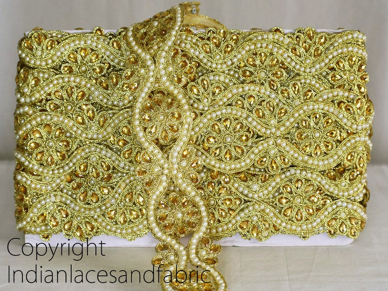 Dentelles indiennes en gros Saree Bordure Ruban Bead Trims Garnitures Dull Gold Kundan Dentelle Bordure Embellissement Garniture par 9 Yard image 3