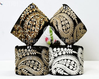 Garniture noire brodée Saree fil d'or travail soie Sari bordure garniture par la cour Art couette tissu garniture artisanat couture Costume