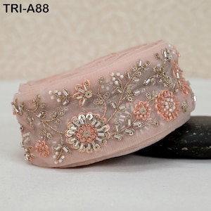 Sari Border Trim, Peach Beaded Embroidered Ribbon | Net Fabric | 5cm (2 Inch) x 1 Meter, Regency Handbags, Junk Journals