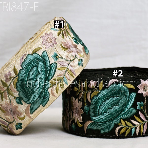 3 Yard Teal Floral Embroidered Fabric Trim Saree Border DIY Crafting Sewing Sari Ribbon Beach Bags Home Decor Embellishments Drapery