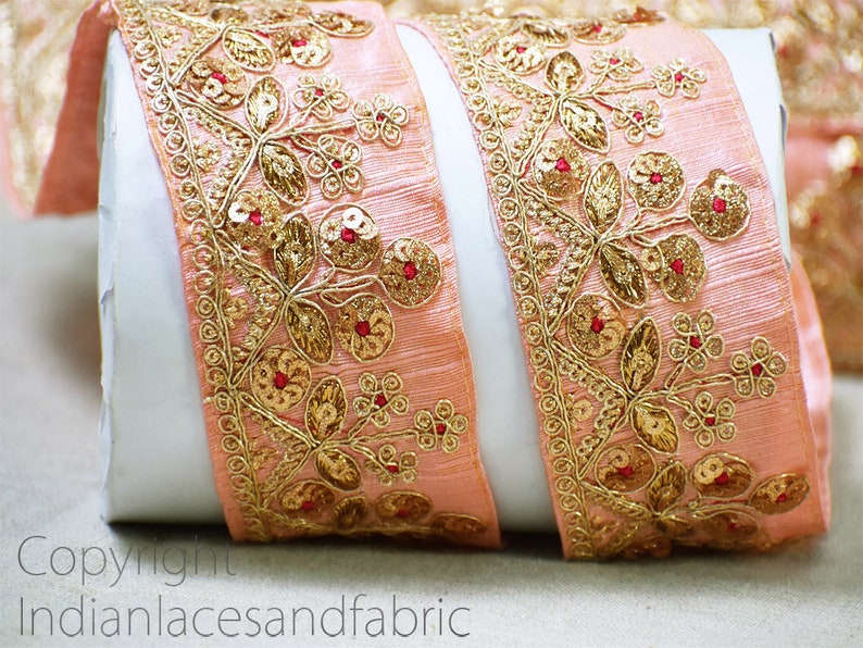 Salmon Pink Fabric Trim By The Yard Embroidered Embellishment Trimmings Sequin Sari Border Indian Crafting Sewing Cushions Curtains Ribbons