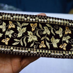 3 Yard Maroon Embroidered 8cm Laces and Trims Indian Saree Velvet Fabric Trim Trimmings Crafting Ribbon Indian Sari gold sewing border