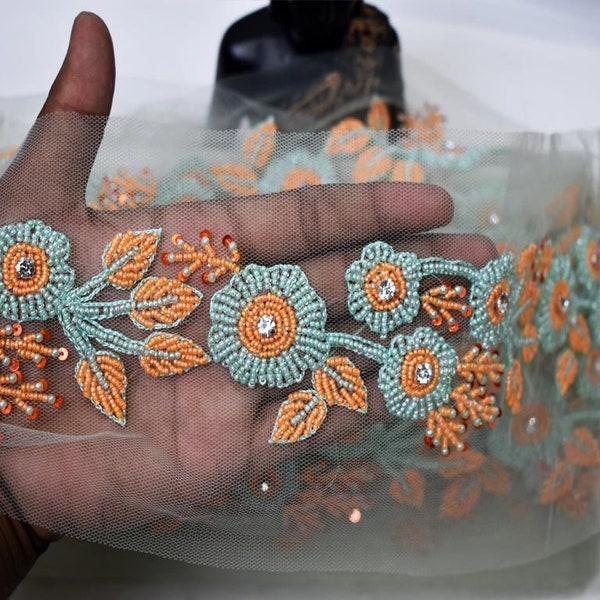 Decorative Orange Mint Beaded Trim by the Yard Wedding Dress ribbon Bridal Belt Sashes Indian Laces Costume Crafting Sewing Sari Border